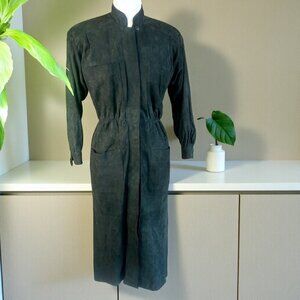 Albert Nipon Boutique Vintage 80s Designer  Black Suede Shirt Dress Size 8